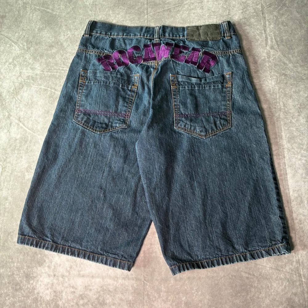 Y2K Rocawear Mens Baggy Denim Shorts Blue Purple Embroidered Logo  Size 38 GRAIL